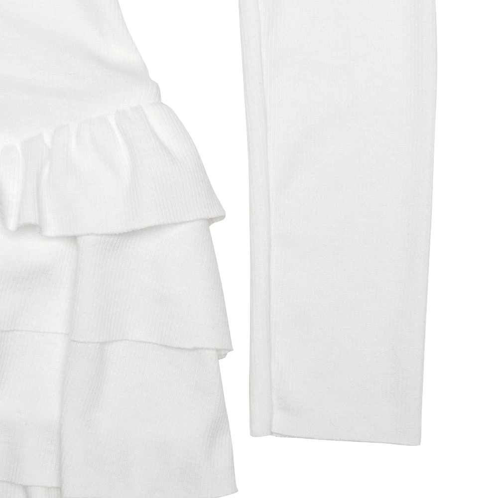 JULISSA MO Ribbed Round Neck Ruffles Women Dress White Long Sleeve High Waist Dress Female Autumn Skinny Elegant Streetwear 2025