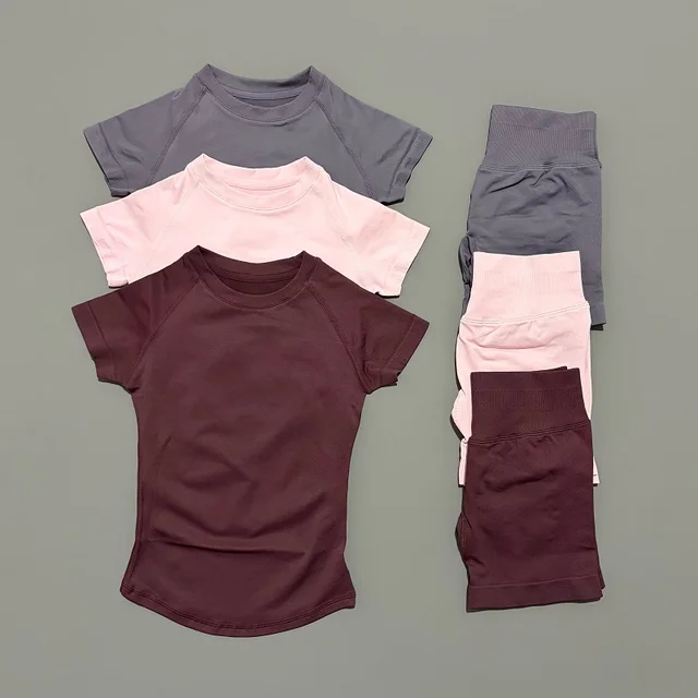 2 Pcs HISTELLO Impact Sports Sets Short Sleeve Seamless Yoga Top Fitness Set Women Workout Running Sports Shorts Gym Suit