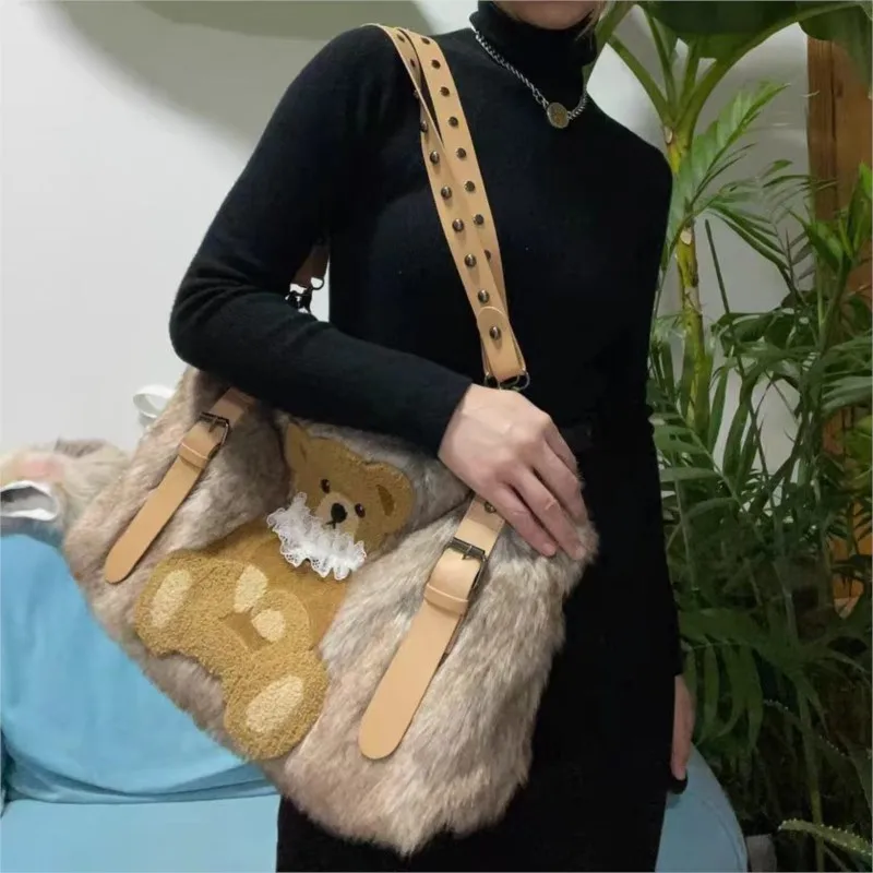 JIAERDI Vintage Bear Plush Y2k Handbag Women Hot Girl Sweet Casual Brown Shoulder Crossbody Bag Female Large Capacity Cute Purse