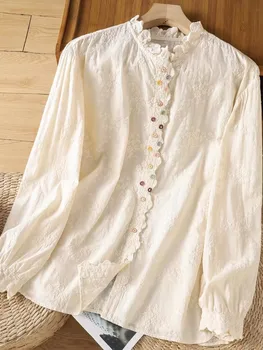 Womens Cotton Shirt Embroidered Top 1