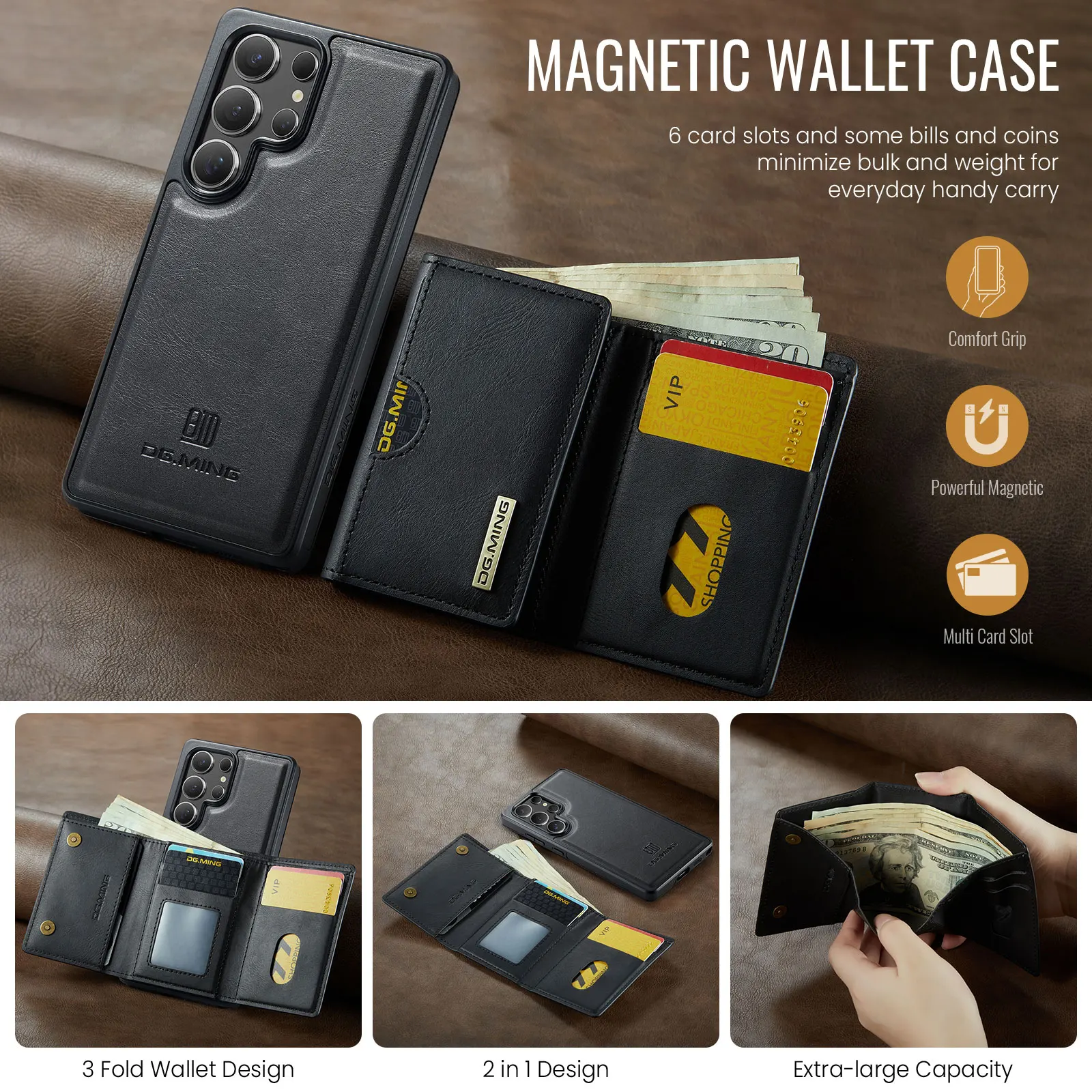 Magnetic Leather Wallet Phone Case with Card Holder and Magsafe - 2 in 1 Design