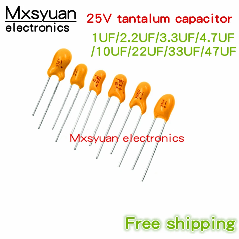 Original Plug in Tântalo Capacitor 100 Peças Lote 25v 1uf 2.2uf 3.3uf 4.7uf 10uf 22uf 33uf 47uf 100uf 25v Novo