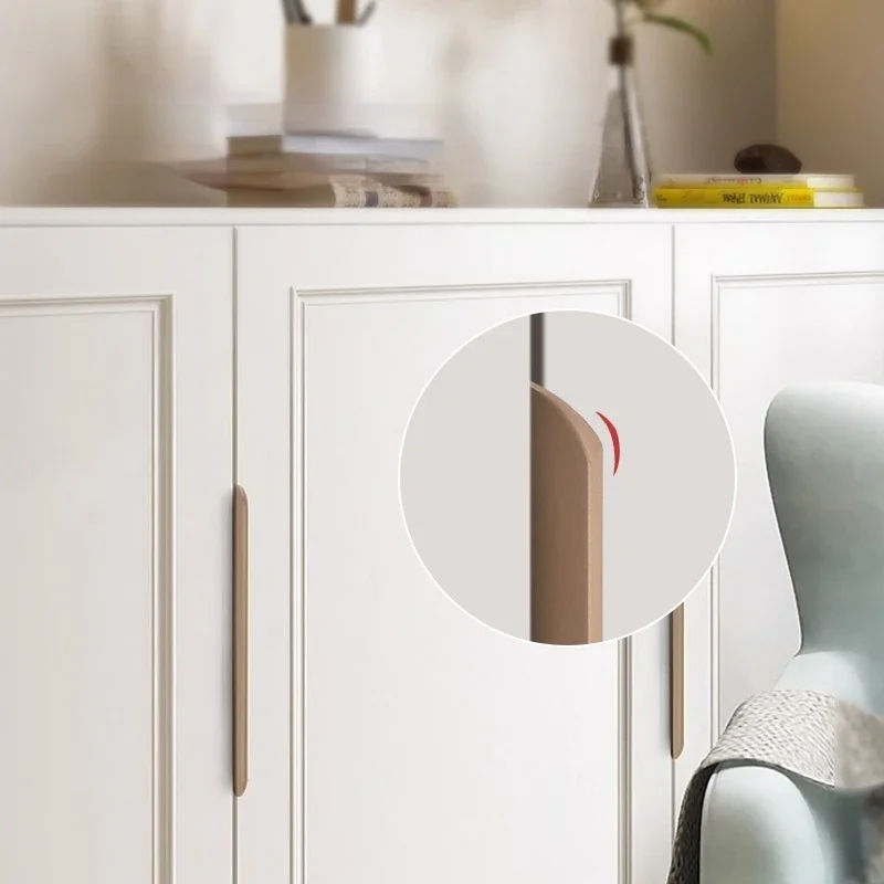 Sleek Cashmere Gray Hidden Handle Cabinet Door with Minimalist Gold Accent