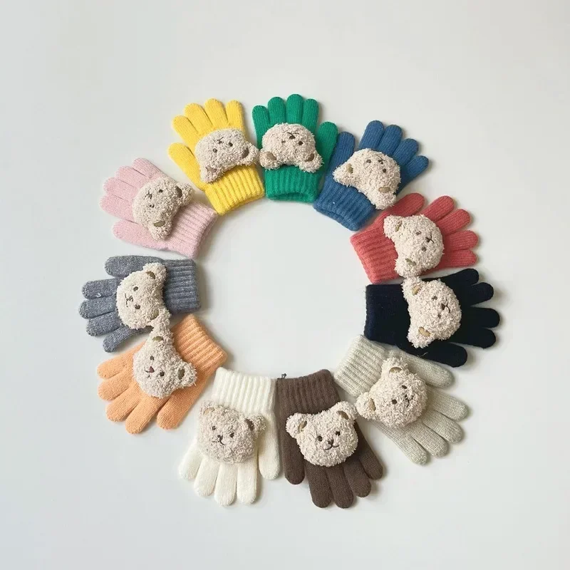 따뜻한 겨울 장갑, , 여아, 남아, , 두꺼운 귀여운 곰, 니트 양털 장갑, 부드러운 전체 손가락 장갑, 2-6 세 어린이