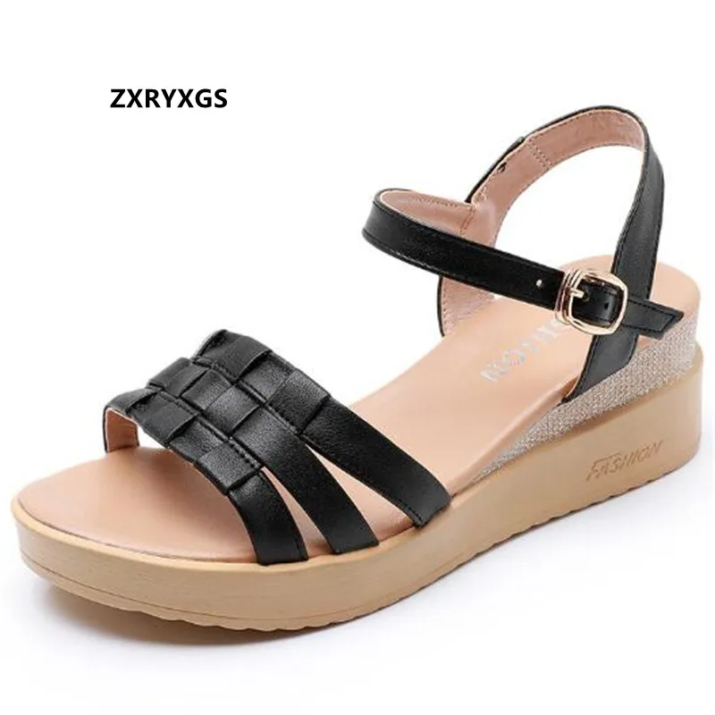 

2022 New Summer Genuine Leather Open Toe Sandals Casual Simple Large Size Platform All-match Wedges Sandals Women Sandal Shoes