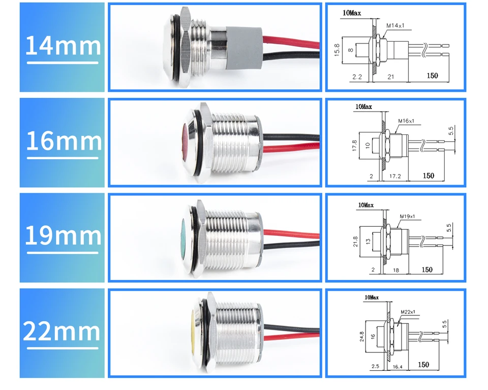 Description Picture 5 of item6mm 8mm 10mm 12mm 14mm Metal LED Warning Indicator Light Signal Lamp Pilot Wire 3-6 12-24 220V Waterproof IP65 Red Green Blue