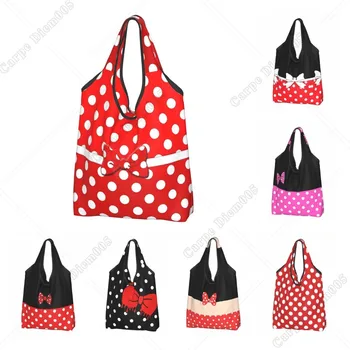 Polka Dots Bow Cartoon Character Women Shopping Bag borsa per la spesa pieghevole borsa per la spesa portatile borse per la spesa eco-friendly taglia unica