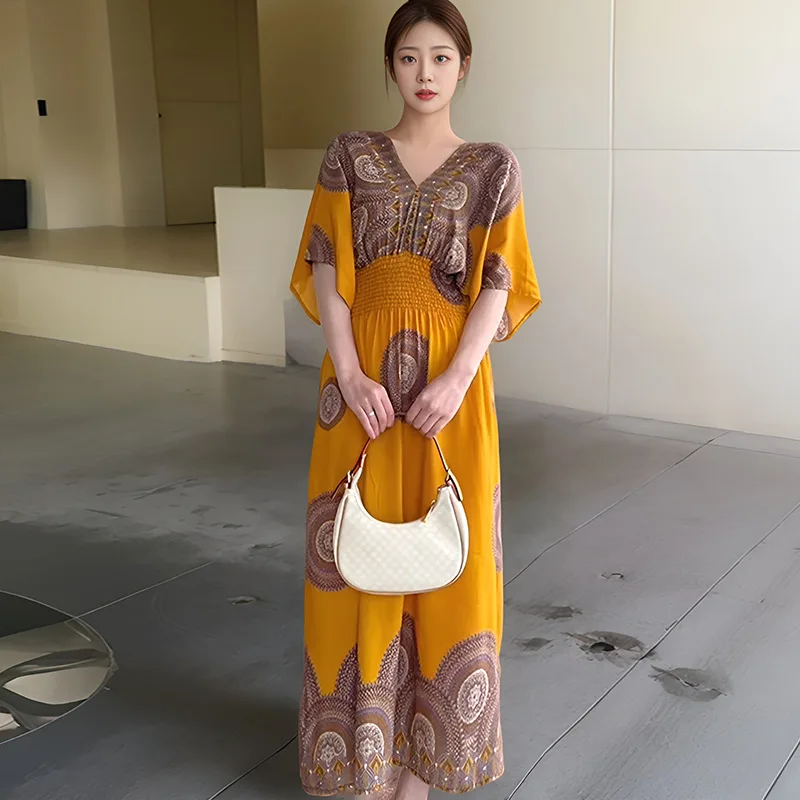 Thai Style Cotton Silk V-Neck Short Sleeve Dress Women Summer Floral Print Countryside Skirt Holiday Outfit Loose Fit Maxi Dress - Image 2