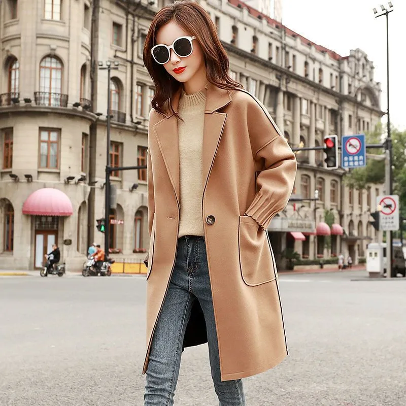 

NEW Spring Autumn Fashion Woolen Jacket 2024 Women's Korean Version Mid Length Woolen Blend Casual Coat Female Outerwear Top