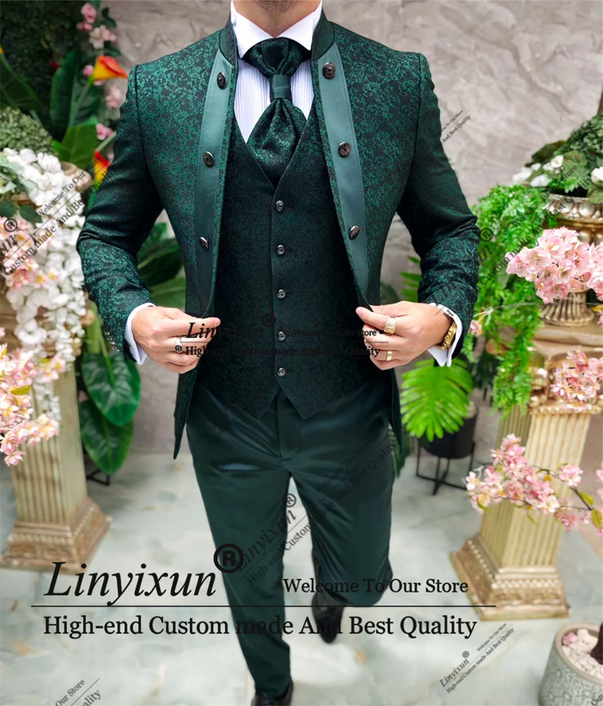 Italian Jacquard Style Mens Suit 3 Pieces Sets Groom Wedding Tuxedos Prom Blazers