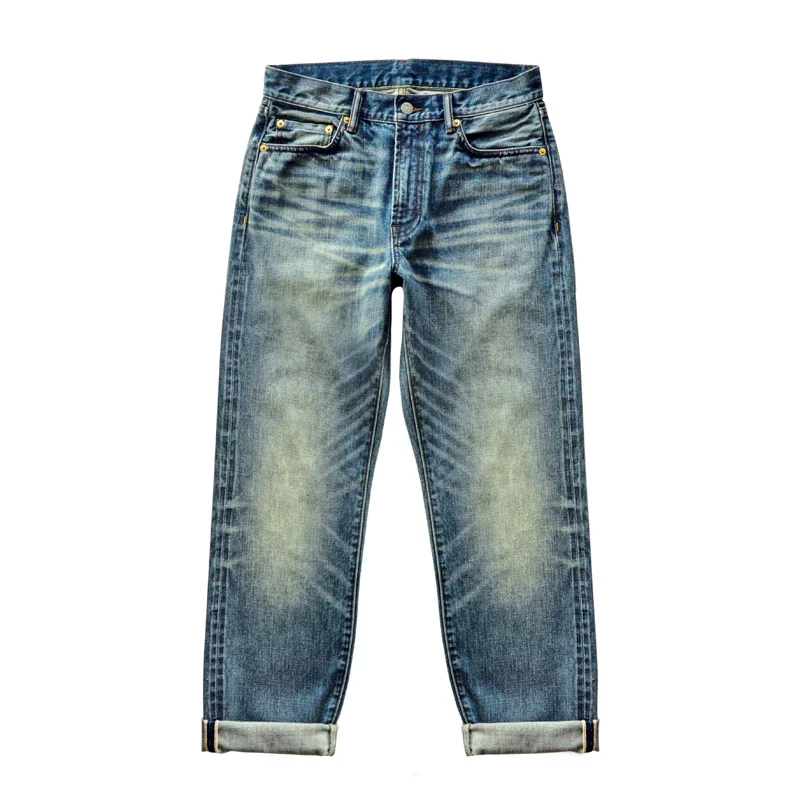 Saucezhan Mens Jeans Distressed  Moustache Effect Wash  Selvedge Denim Jeans  Motorcycle Regular Fit Straight Leg 14 Oz 5