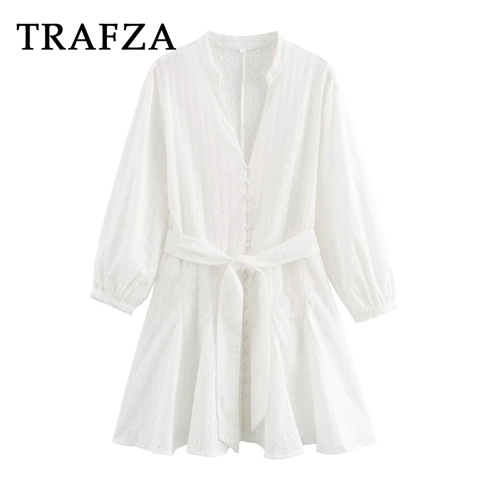 

TRAFZA 2024 Women Summer Casual Embroider Dress Sashes Loose Short Dress Single Breasted Hollow Out Skirt Mujer Women Vestidos