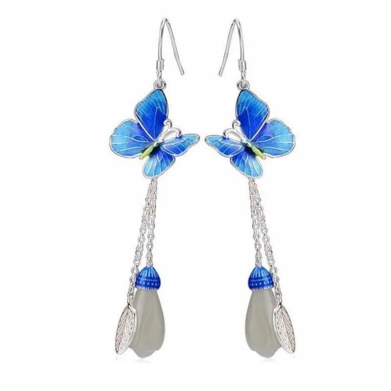 S925 Silver Burning Blue Earrings  Thai Silver Vintage Fashion Cloisonne Goldfish Pearl  Women  Earrings