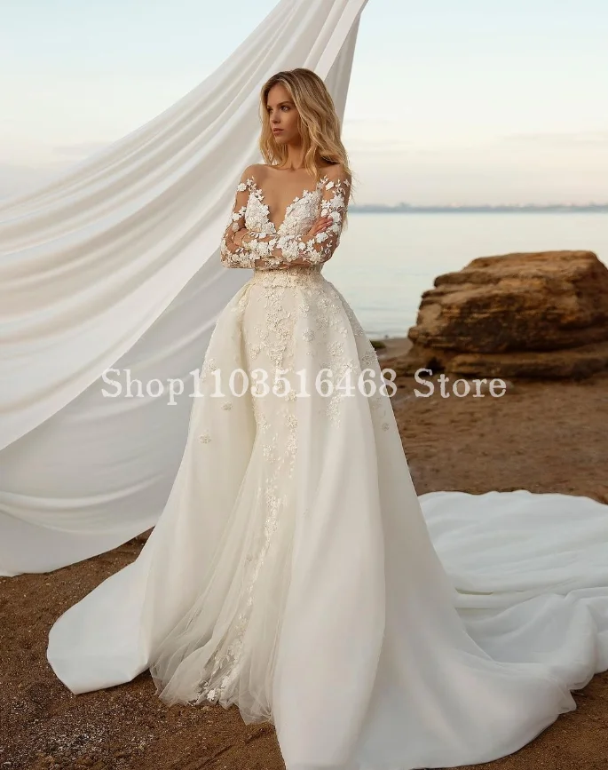 

Luxury Mermaid Wedding Dress 2024 Elegant White Long Sleeve Applique Lace Up With Side Train Formal Wedding Robes de soirée