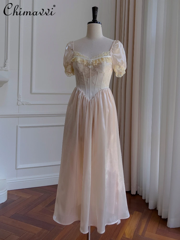 

Fashion Square Collar Puff Sleeve Women's Long Dress 2023 Summer French Vintage Style Pearl Lace Slimming Printed A- Line Dress