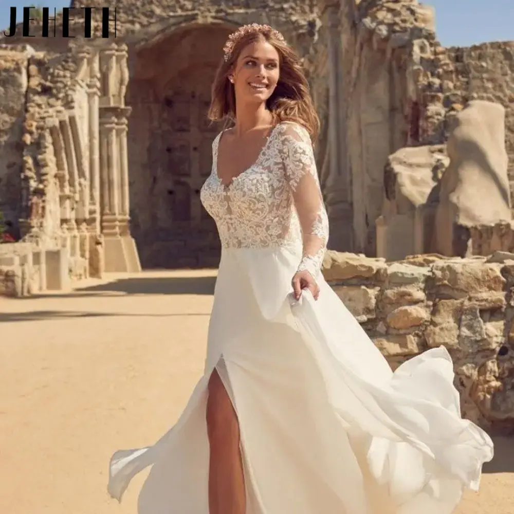 

JEHETH Elegant A-Line Long Sleeves Wedding Dresses Classic Lace Appliques Bride Gowns Chiffon High Split 웨딩드레스 2024 Custom Made