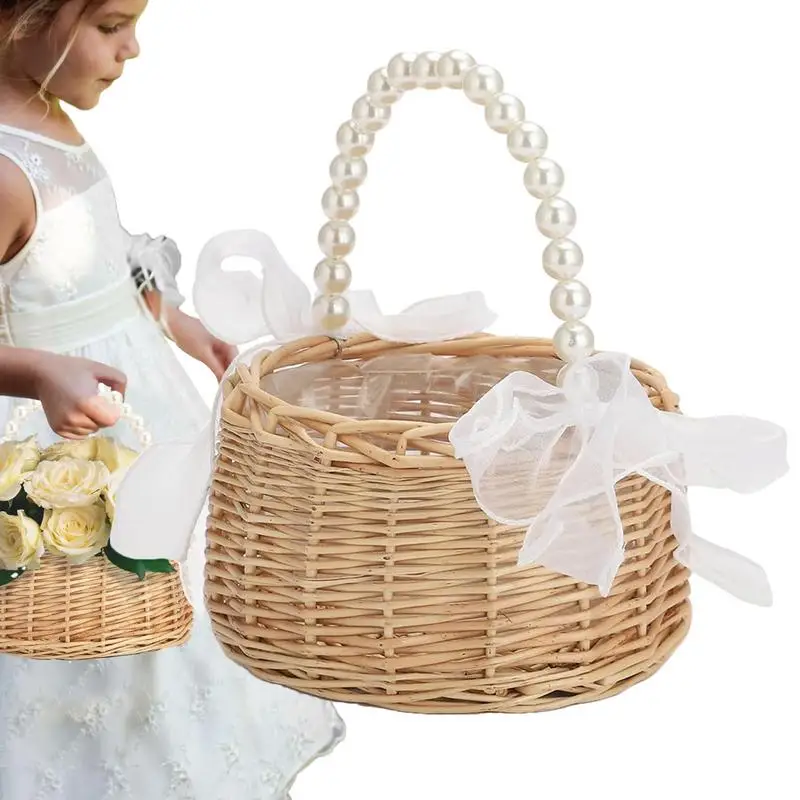 Handmade Rattan Flower Girl Basket with Elegant Handle