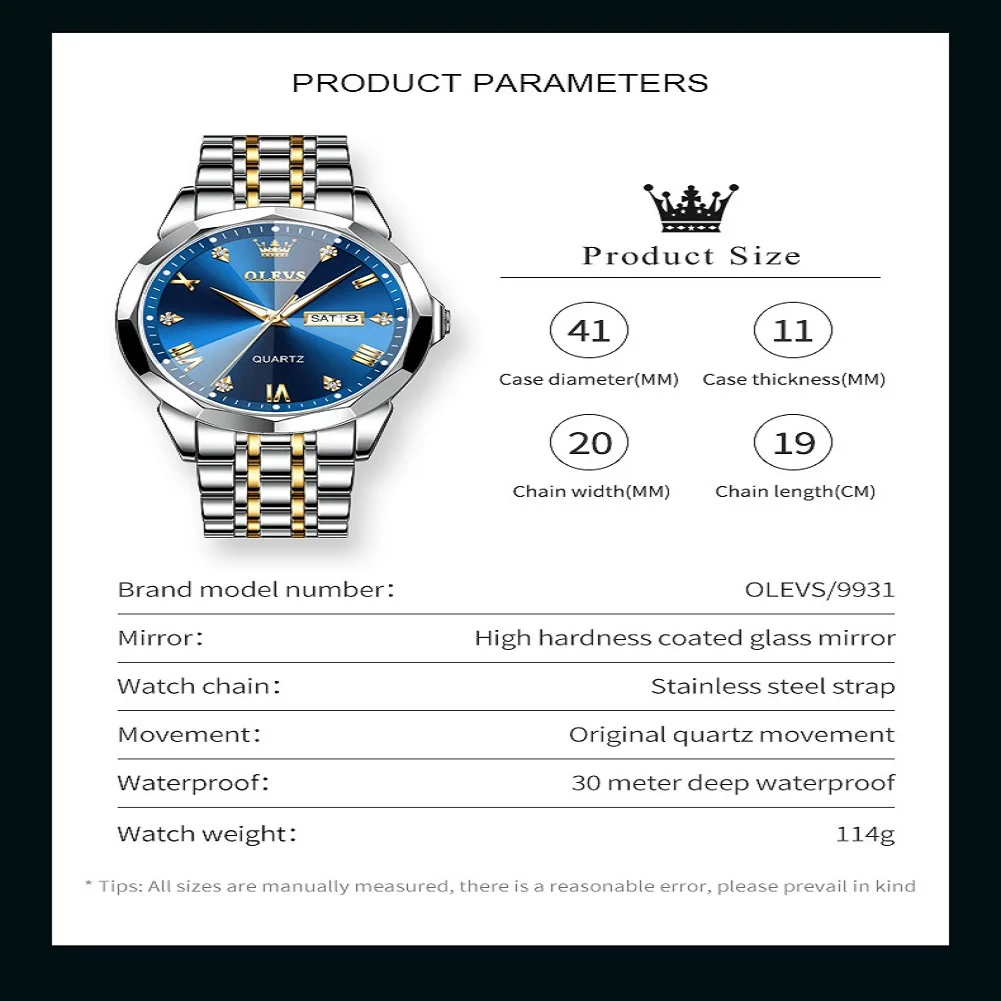 OLEVS 9931 Quartz Watches Men Rhombus Mirror Original Luminous Waterproof Shock Resistant Stainless Steel Business Date Week