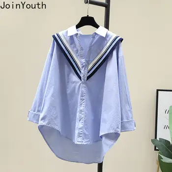 Camicie a maniche lunghe in cotone Abbigliamento donna Camicette casual larghe Patchwork Maglia a righe Blusas Mujer 2025 Top con volant coreani