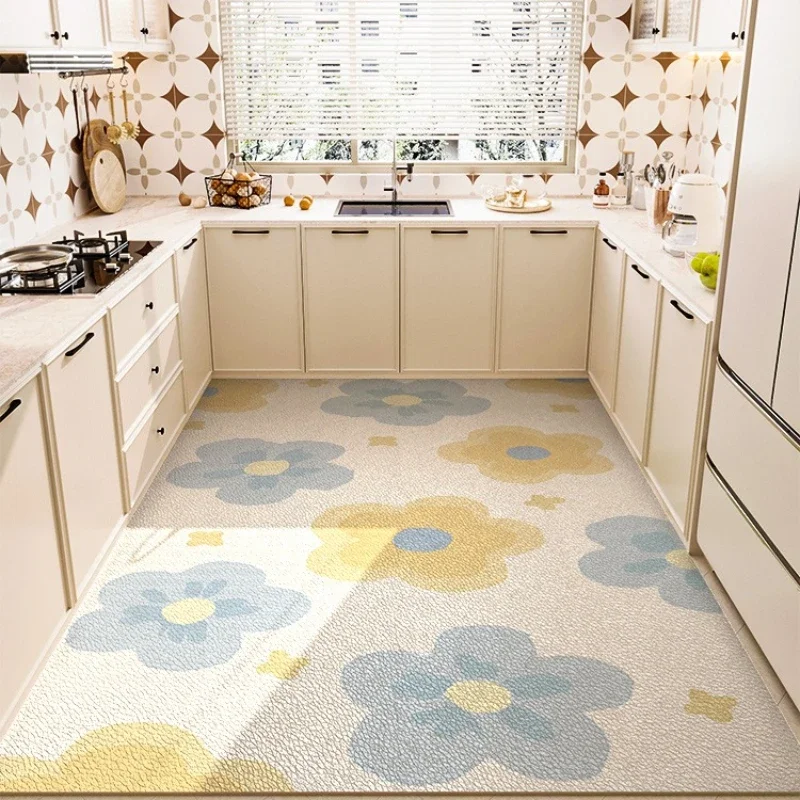 PVC Kitchen Carpet Large Area Floral Small Fresh Print Leather Rug Waterproof Oil-proof Easy Clean Floor Mats Tapete De Cozinha