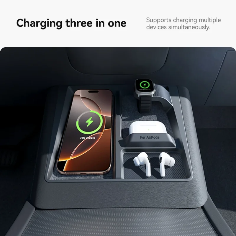 Wireless Charging Stand for Tesla Model 3 Highland-Phone, Headphones, Watch, Wireless Charging Anti-slip Stopper