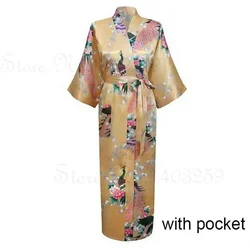 Elegant Satin Kimono Robe with Pockets - Women's Luxurious Loungewear and Bridal Dressing Gown - S (Gold A)