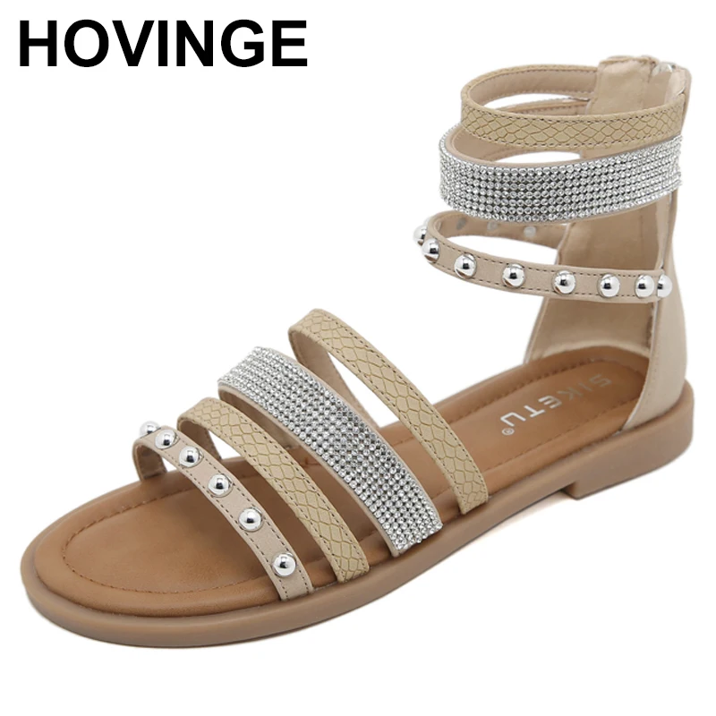 

Summer Women Flats Shoes Bohemian Roman Style Flat Back Zipper Splicing Printing Skirt Female Sandals Holiday Beach Sandalias