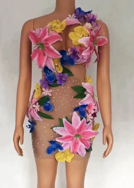 

Colorful Big Flowers Transparent Sexy Dress Women Dancer Show Stretch Stage Costume Outfit Evening Prom Party Dress