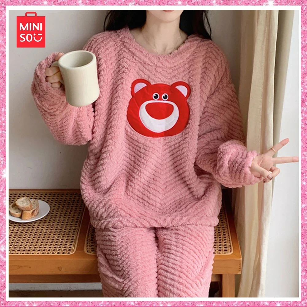 

2024 New Miniso Lotso Winter Cartoon Plus Size Homewear Coral Velvet Pajamas Pajama Pants Two Piece Set Pink Christmas Girl Gift