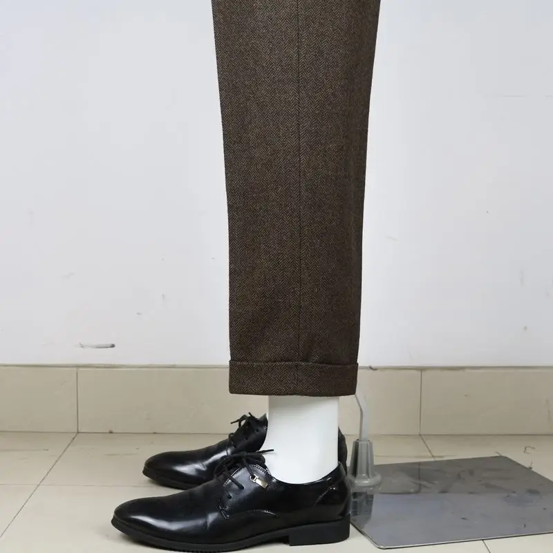 Slim Fit Men's Business Suit Pants Pleat-Front Herringbone Woolen Trousers For Men Dress Pants For Wedding Party Groomsman Suit 4