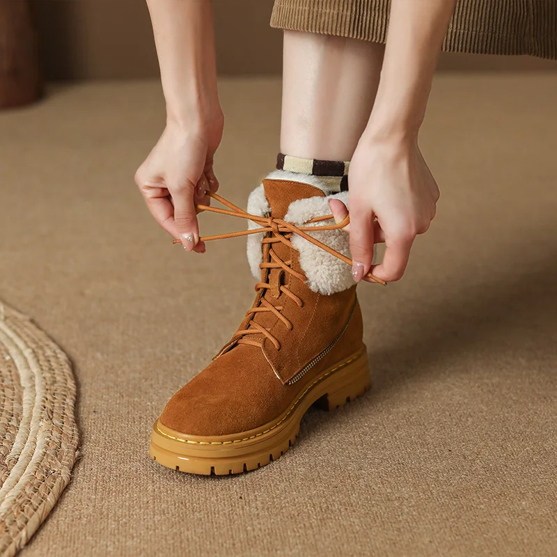 

Kaky's new round head cowhide sponge cake thick sole lace up women's boots short boots Martin boots snow boots