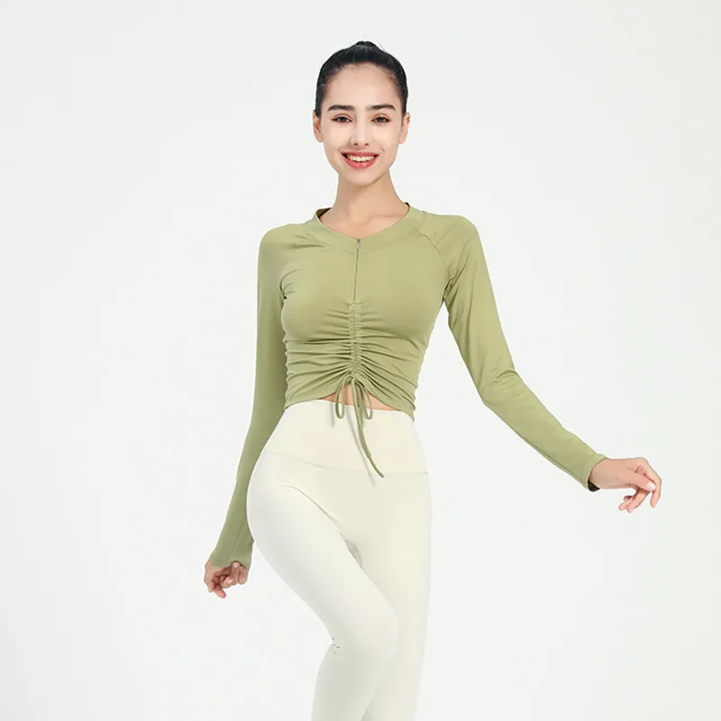 

Yoga Gym Fitness Women Drawstring Slim Sports Shirts Long Sleeve Half Zipper Tops Running Training Breathable Soft Sportswear