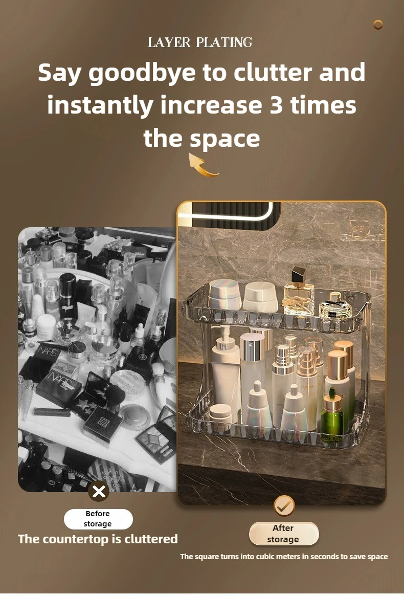 White double-layer bathroom storage rack with cosmetics, toiletries, and skincare products organized on shelves.