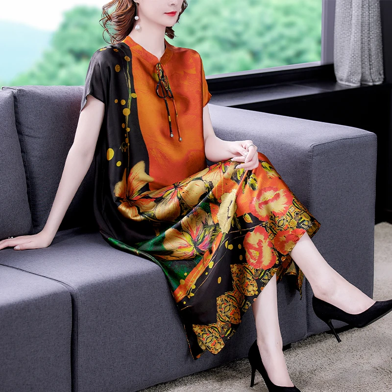 

2023 Spring and Summer New Silk Short Sleeve Flower Print Dress Slim Cheongsam Wide Songsang Silk Vintage Long Dress