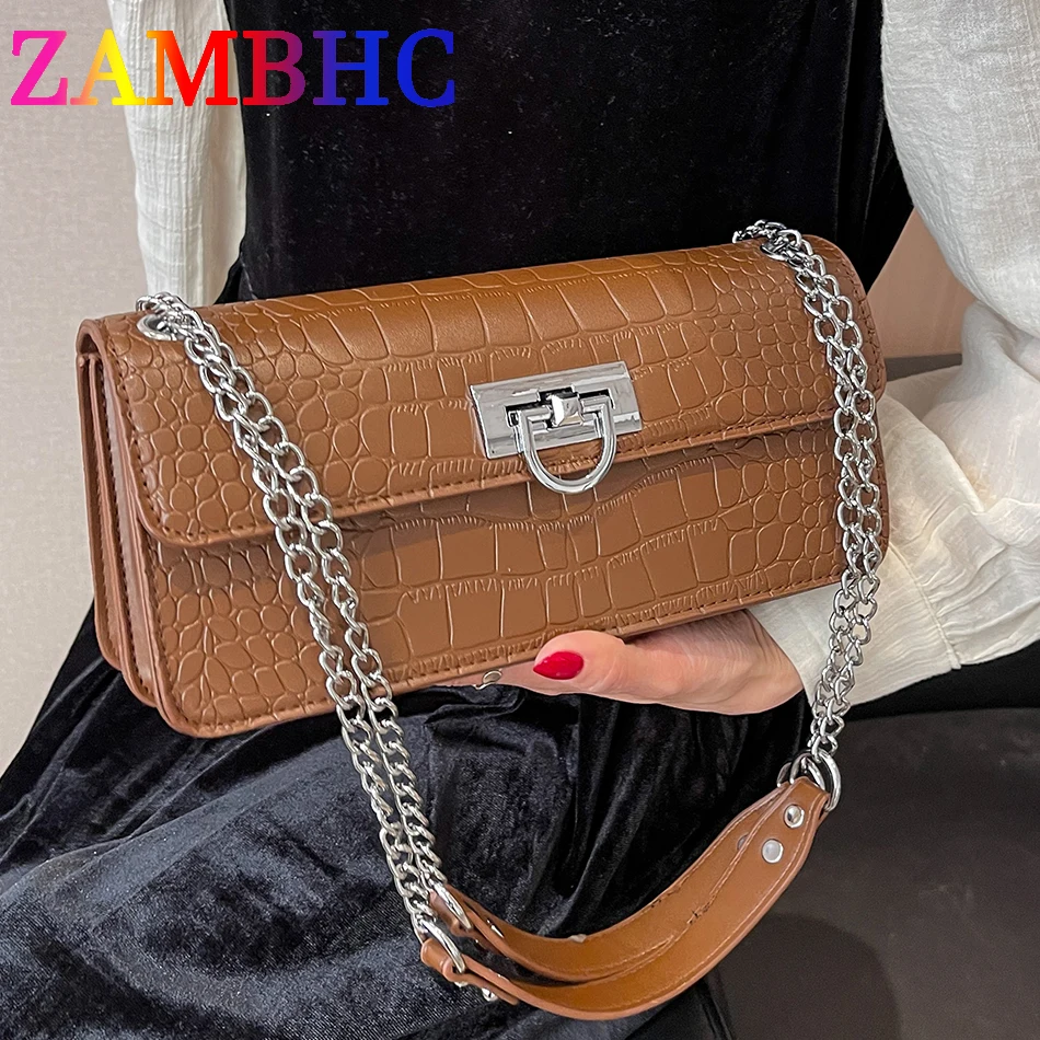 

Fashion Stone Leather Thick Chain Vintage PU Leather Shoulder Bag for Women 2023 Solid Color Lady Crossbody Bag Designer Handbag