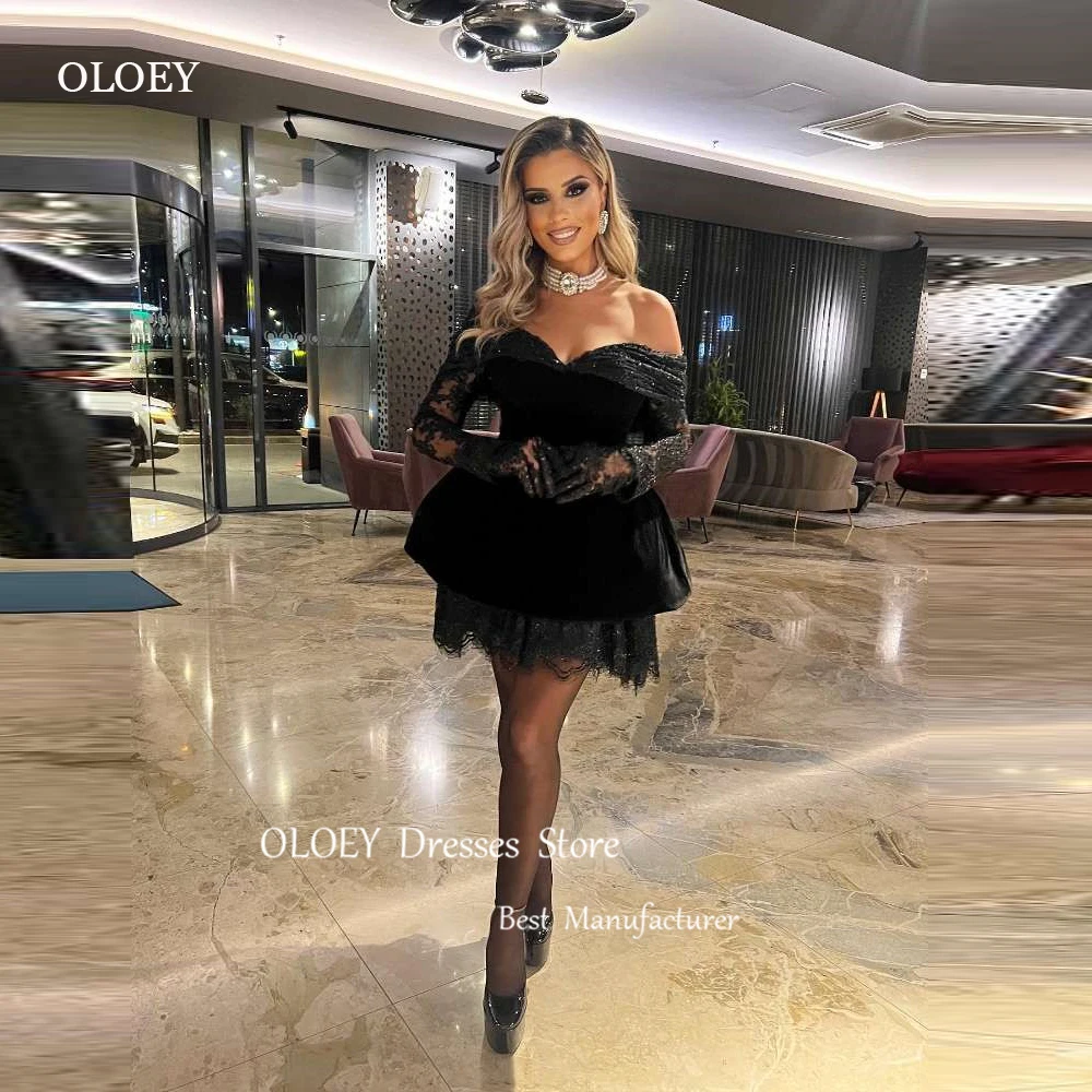 

OLOEY Sexy Off Shoulder Black Short Prom Party Dresses Long Sleeves Mini Cocktail Dress Subai Arabic Women Night Event Dress