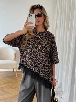 2026 Summer New Product Women's Hoodie Leopard Print Splicing Slanted Lace Loose Middle Sleeve T-shirt 1