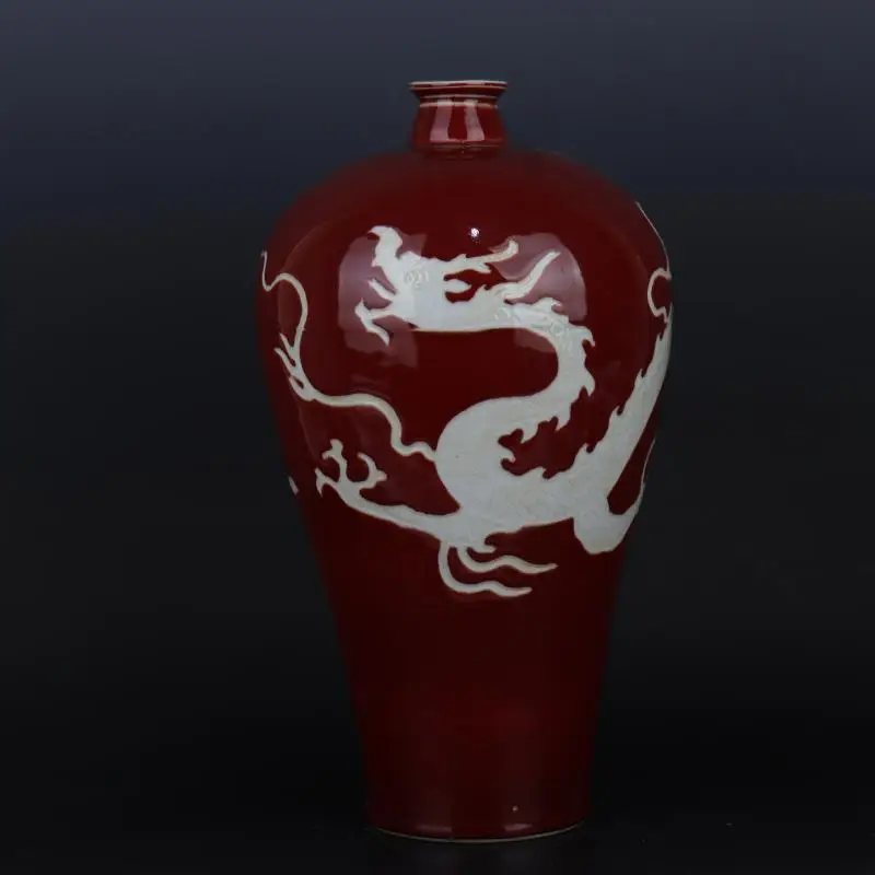

Handmade Antique Porcelain Home Furnishings Minglang Red Glaze Plum Vase With White Engraved Cloud and Dragon Pattern Collection