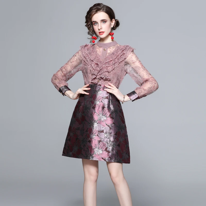 

Spring Elegant Runway Party Dress New Women Lace Embroidery Ruffles Patchwork Jacquard Mini Short Dresses