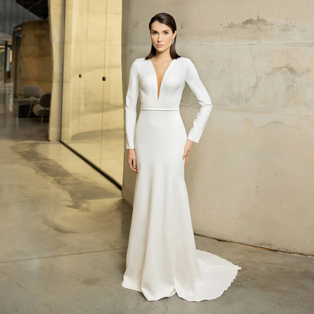 

Simple Long Sleeves Mermaid Wedding Dress Plunging Neck White Bridal Gowns Backless Sweep Train Bride Dress Vestido de Novia