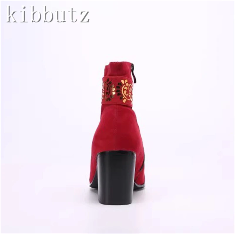 Pointed Toe Red Suede Leather Men's Ankle Boots 8cm High Heeled Printed Decor Zipper Boots Male Banquet Party Botas