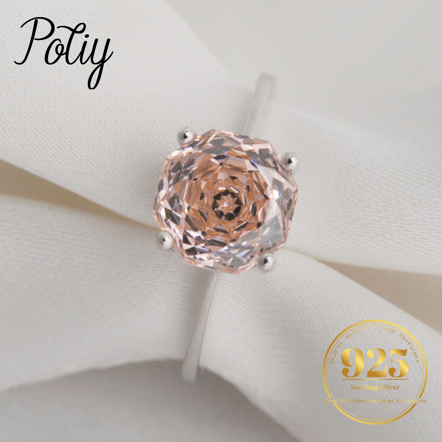 Potiy 2ct Octagon Rose Cut Morganit Rosa Zirkonia Solitär-Ring, 925 Sterling Silber Schmuck Geschenk für Frauen mit