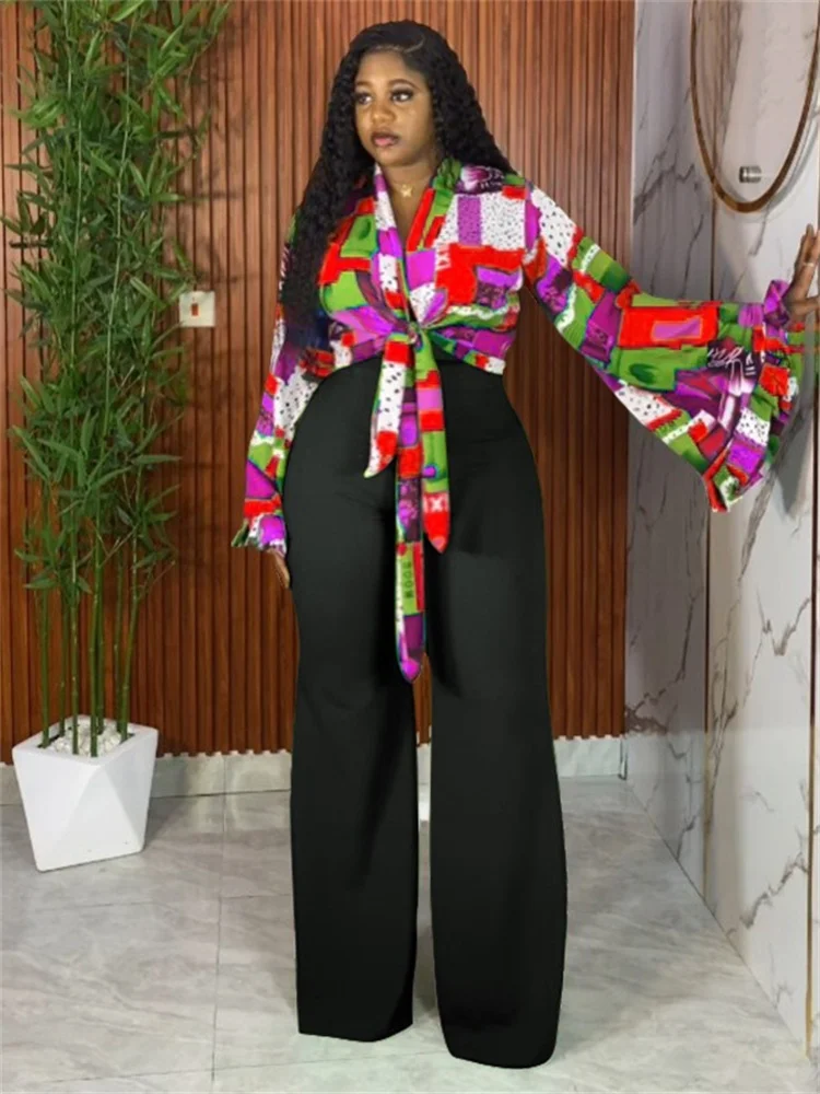 Wmstar Plus Size Two Piece Sets Wholesale Long Sleeve Print Top and Wide Leg Pants Matching Suit Fall Clothing Dropshopping