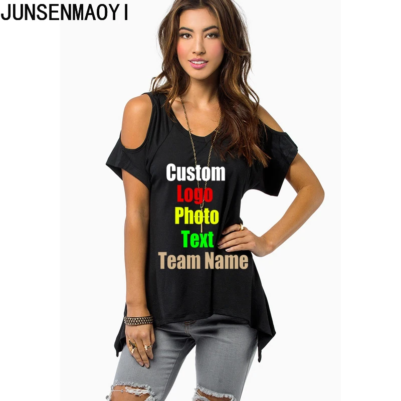 DIY Your like Photo or Logo Customized Print European Western Women T shirt Off Shoulder Irregular Female V Neck Tops Tshirt