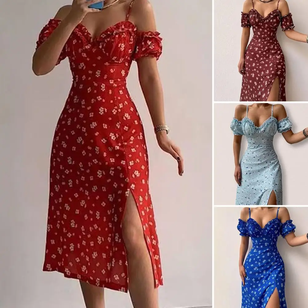 

Lady Dress Spaghetti Straps Puff Short Sleeves Split Hem Summer Floral Print Lace Trim Collar Midi Dress Streetwear 레이디 원피스