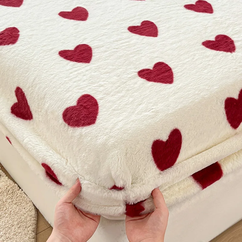 Popxstar Soft Warm Plush Fitted Sheet Elastic Mattress Cover Fluffy Coral Fleece Bed Linen Winter Couple Luxury Double Bed Bedding