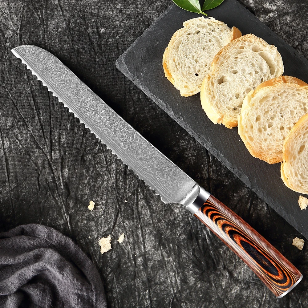 Professional Bread Knife Japanese Damascus VG-10 Steel Kitchen Knife Sharp Serrated Knife Wavy Edge For Bread Cake Slicing Knife