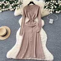 YuooMuoo Brand Fashion Aesthetic Patchwork Knitted Maxi Dress Autumn Winter Women Luxury Shirt Sweater Dress Office Lady Vestido - Image 4
