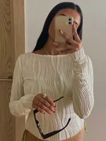 Woman Fashion Casual Ruched Long Sleeve T-shirt Blouses Female White Skinny Cropped Bottoming Shirt 2024 Autumn Y2K Top Clothes 6
