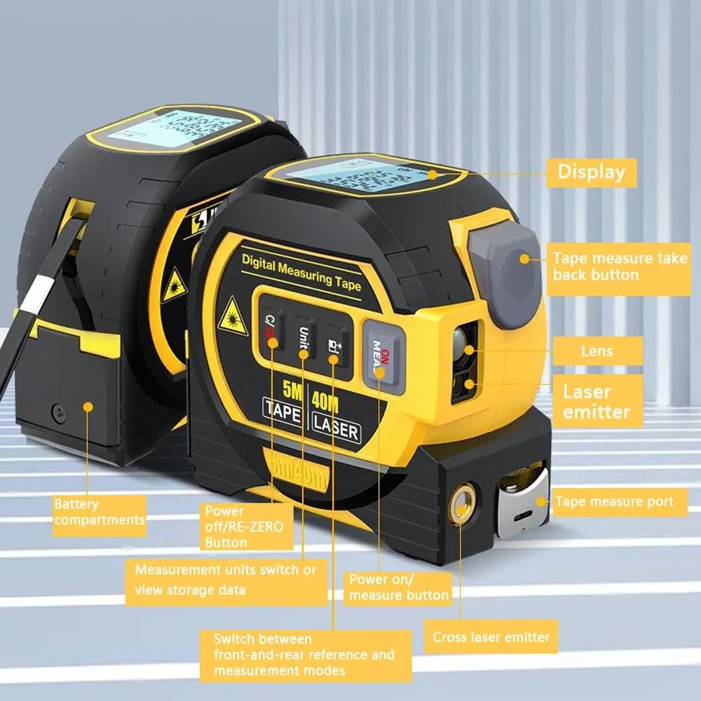 3in1 Laser Rangefinder 5m Tape Measure Ruler LCD Display Distance Meter Measurement Device Area Volumes Surveying Equipment